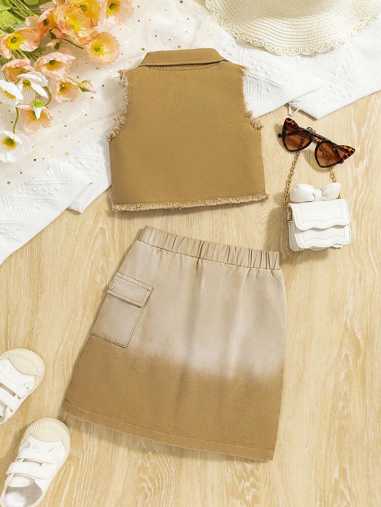 2pcs/Set Spring/Summer Baby Girl's Brown Sleeveless Shirt With Top Matched With Brown Ombre Washed Denim Skirt Outfits