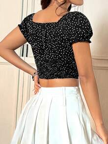 SHEIN Unity Của phụ nữ Chấm bi Người yêu Đường viền cổ áo Quần skinny Áo sơ mi - màu đen - Xem 2