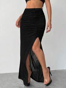 SHEIN ICON Women's Solid Color Ruched High Slit Long Skirt - Black - View 5