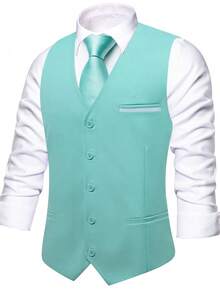 Chaleco De Traje Para Hombre unicolor Adecuado Para El Trabajo Y Para El Uso En Fiestas - verde menta - Ver 3