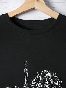 SHEIN LUNE Kích thước lớn Của phụ nữ Ngắn tay Sọ Tay Cắt ra Áo thun Với Pha lê Chỉnh trang - màu đen - Xem 4