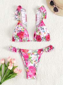 SHEIN Swim Women's Floral Print Ruffle Edge Bikini Set Summer Beach - Multicolor - View 3