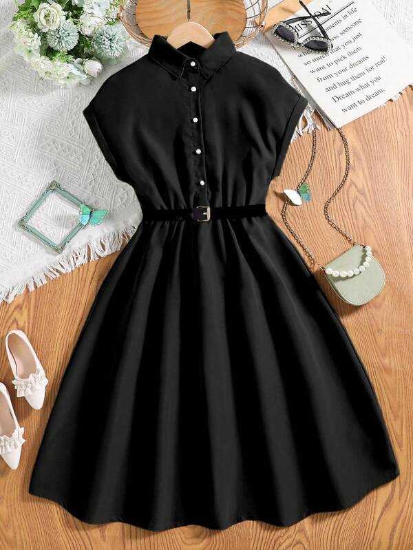 SHEIN Teen Girls' Solid Color Half Placket Button Closure Dress With Cinching Waist