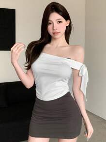 DAZY Women's Solid Color Off Shoulder Slim Fit Top