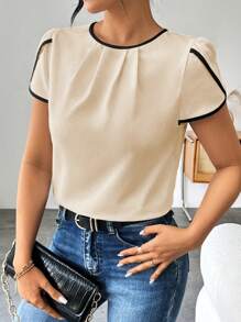 Ellegaria. Ladies' Color-Block Casual Shirt With Decorative Edges - Apricot - View 3