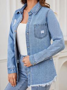 SHEIN LUNE Của phụ nữ Đau khổ Frayed Áo denim Áo - Rửa nhẹ - Xem 4