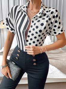 SHEIN Privé Của phụ nữ Chấm bi & Sọc Batwing Ngắn tay Áo sơ mi - trắng - Xem 4