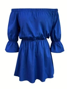 INAWLY 女士纯色露肩喇叭袖连衣裙 - 藍色 - 查看 3