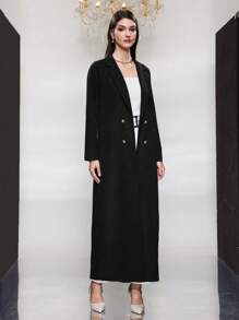 Al Najma Women's Solid Color Double Breasted Trench Coat With Lapel Collar, Muslim Fashion Abaya For Casual/Festival/Gathering/Travel - Black - View 4