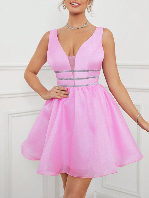 SHEIN Belle Women's Romantic And Gorgeous Off-The-Shoulder Vest Romantic Pink Lurex Organza Puffy Shiny Fabric With Silver Wire Decorated Waist Suitable ForMusic Festival Graduation Season Formal Cocktail Dress