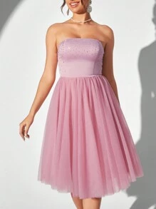 SHEIN Belle Elegant Strapless Mesh & Rhinestone Patchwork A-Line Cocktail Party Dress - Dusty Pink - View 5