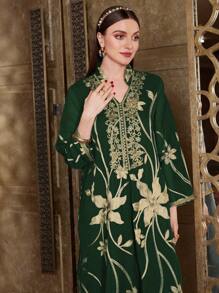 Al Najma Vestido Largo Elegante Y Holgado Para Mujer Con Estampado De Flores Doradas