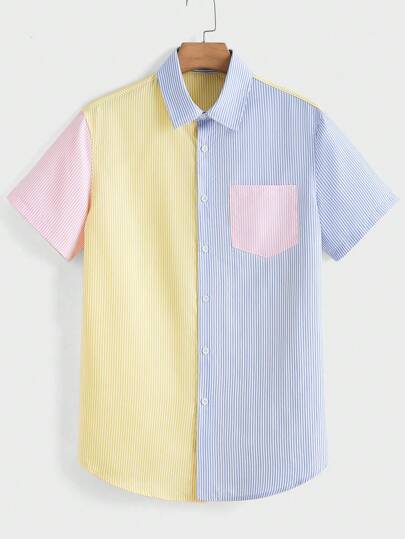 Manfinity BRENVOR Men's Contrast Stripe & Woven Patchwork Short Sleeve Shirt