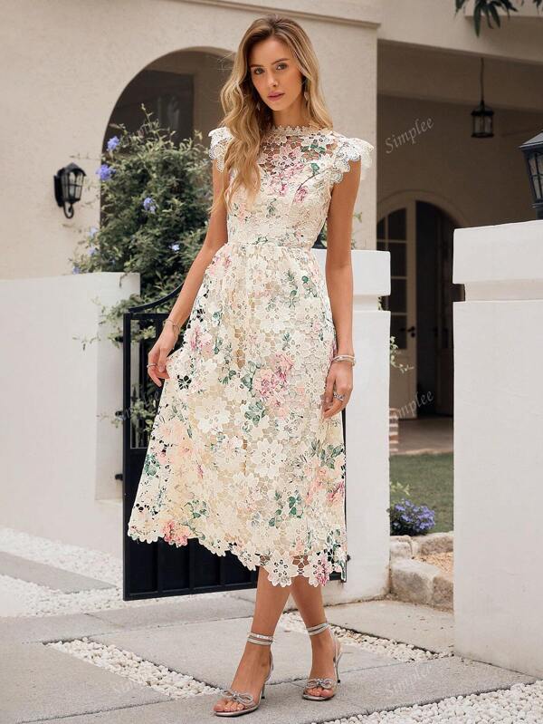 Simplee Women's Elegant Romantic Water-Soluble Lace Print Stand Collar Cap Sleeve Dress, Party Gown, Wedding Guest, Birthday Dress