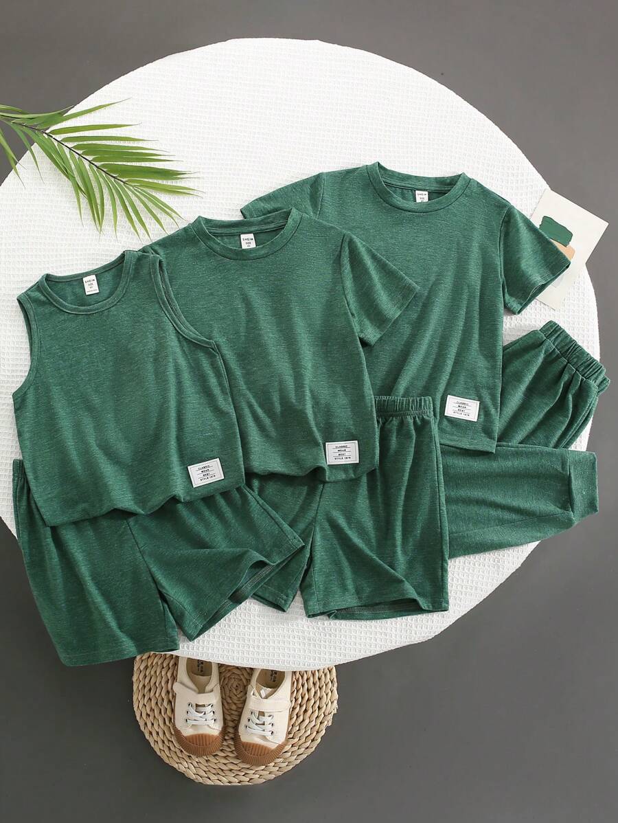 SHEIN 6 Cái/bộ Cậu Bé Thường Ngày Đại Học Sọc Thoáng Khí Thoải Mái Tay Ngắn Áo, Quần Short, Quần Và Bộ Áo Vest, Cho Mùa Xuân & Mùa Hè - màu xanh lá - Xem 1