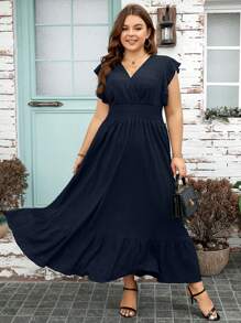 SHEIN Clasi Plus Size Solid Color V-Neck Sleeveless Summer Dress - Navy Blue - View 1