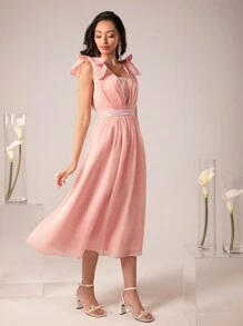 Modelyn Women'S Beaded Detail Waist Cinched Pleated Dress Long Evening Dresses - Dusty Pink - View 5