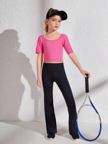 SHEIN Tween Girls' Basic Round Neck Short Sleeve Ribbed T-Shirt - Hot Pink - View 5