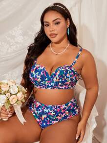 SHEIN Swim Curve 夏季海滩加大码全印花细肩带比基尼套装
