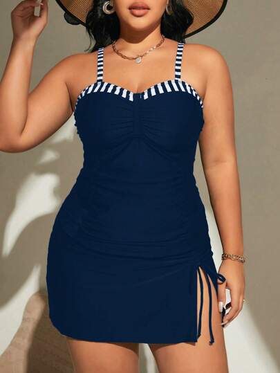 SHEIN Swim Curve Plus Size Summer Beach Contrast Striped Ruched Tankini Set