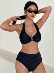 DAZY Của phụ nữ Đúng mốt Đen Khóa vòng Trang trí Áo bơi Áo - màu đen - Xem 4