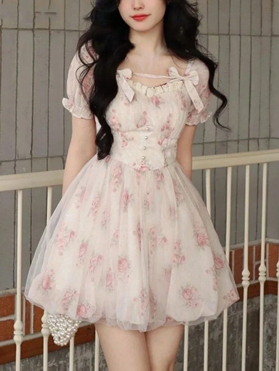 Summer Women Bow Mesh Back To School Dress New Fall Dresses Korean Style Casual Pink Concert Outfits For Women Sweet Puff Sleeve Birthday Party Prom Y2K Short Dress Homecoming School Clothes