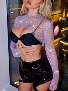 1pc Rhinestone Fishnet Cropped Long Sleeve Top - Mauve Purple - View 1