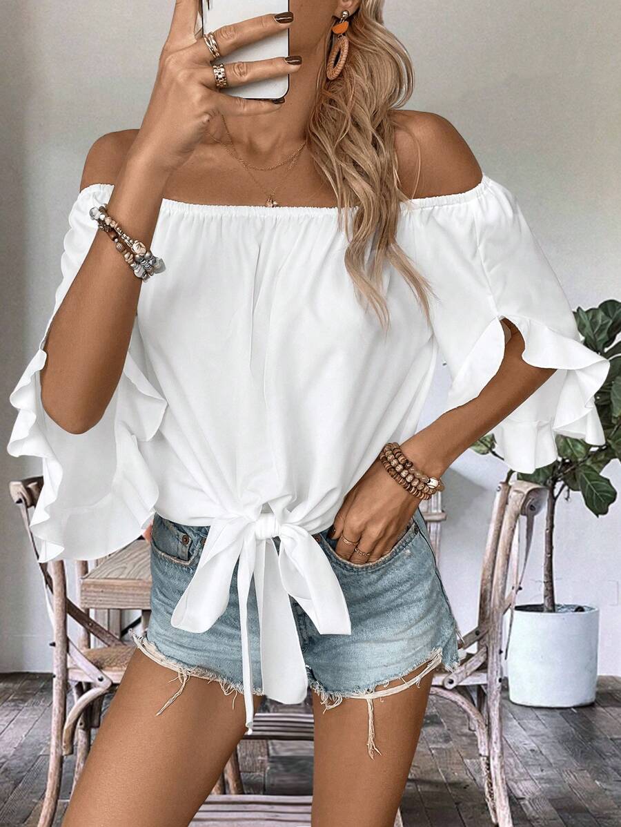 Breezaya Women's Solid Color Off Shoulder Ruffle Trim Tie Waist Blouse - White - View 1