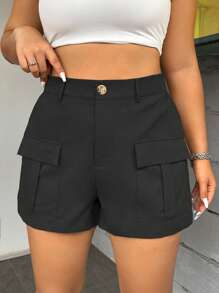Flirla Pantalones Cortos De Talla Grande De Color Sólido Con Bolsillo Con Solapa - Negro - Ver 8