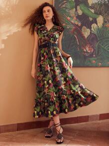 MOTF PREMIUM 熱帶印花v領荷葉邊連衣裙 - 彩色 - 查看 8