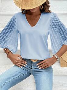 SHEIN Clasi Solid Color V-Neck Flare Sleeve Shirt - Baby Blue - View 5