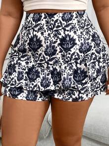 SHEIN Holidaya Quần short thời trang in hoa cỡ lớn cho phụ nữ trung niên - màu đen - Xem 3