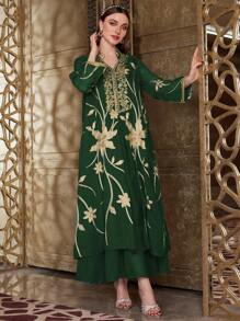 Al Najma Vestido Largo Elegante Y Holgado Para Mujer Con Estampado De Flores Doradas