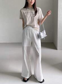 FRIFUL 女士休閒純色露網刺繡長褲,適合夏季 - 杏色 - 查看 2