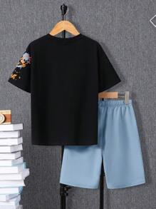 SHEIN Tween Boy Sports Letter Print Knit Short Sleeve T-Shirt And Shorts Set - Baby Blue - View 2