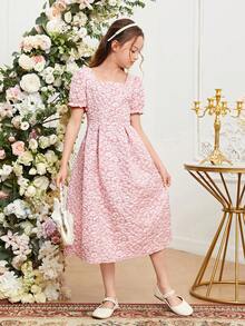 SHEIN 青少女優雅華麗的提花泡泡袖裙 - 粉色 - 查看 4