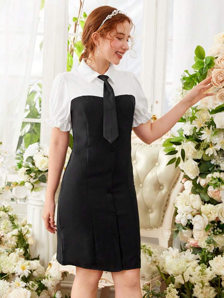 Teen Girl Color Block Lapel Button Front Puff Sleeve Dress