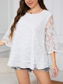 SHEIN Clasi Kích thước lớn Thêu Hoa Vòng cổ Giải trí Áo sơ mi - trắng - Xem 3