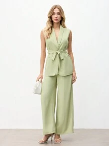 BizChic Conjunto de chaleco y pantalón ancho de mujer de color verde claro sólido con cuello de chal y cinturón, para otoño/invierno - Verde - Ver 1