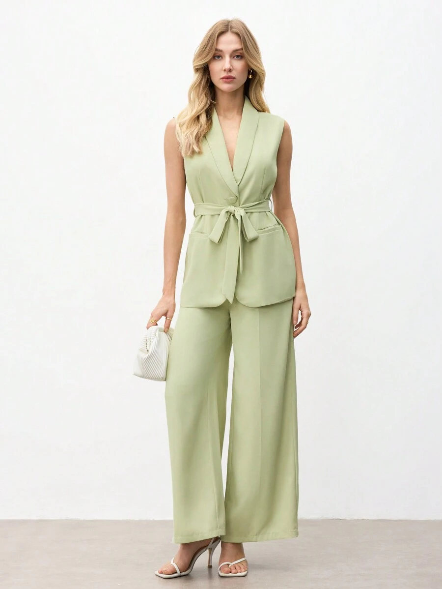 BizChic Conjunto de chaleco y pantalón ancho de mujer de color verde claro sólido con cuello de chal y cinturón, para otoño/invierno - Verde - Ver 1