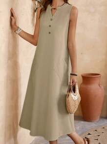 EMERY ROSE Summer Casual Khaki Texture Sleeveless Dress For Vacation In Countryside - Khaki - View 1