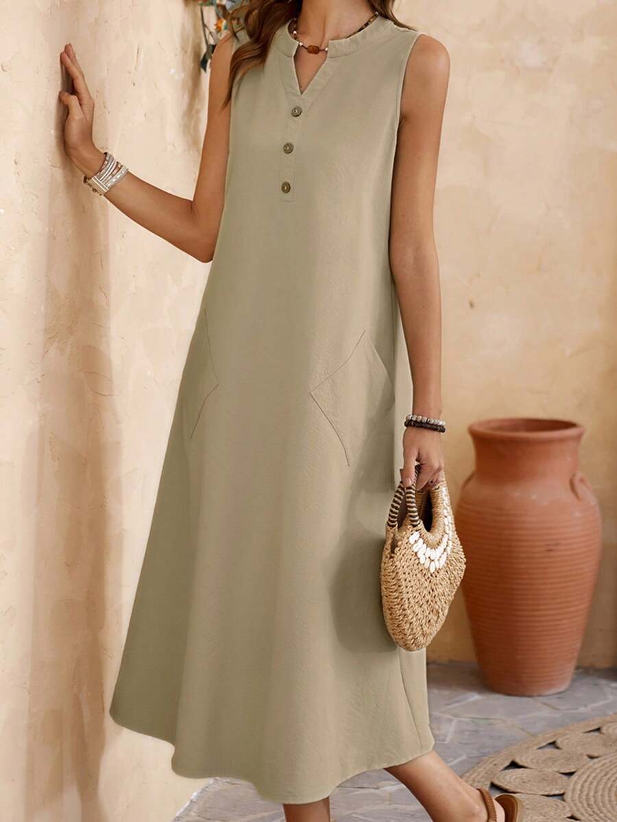EMERY ROSE Summer Casual Khaki Texture Sleeveless Dress For Vacation In Countryside - Khaki - View 1