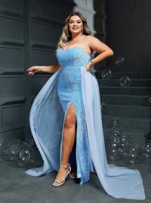 Plus Size Women Slit Flared Sequined Strapless Light Blue Evening Dress