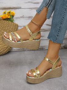 1 par de sandalias de plataforma con suela gruesa para verano, casuales y versátiles para adolescentes, ligeramente pequeñas de talla - Dorado - Ver 1