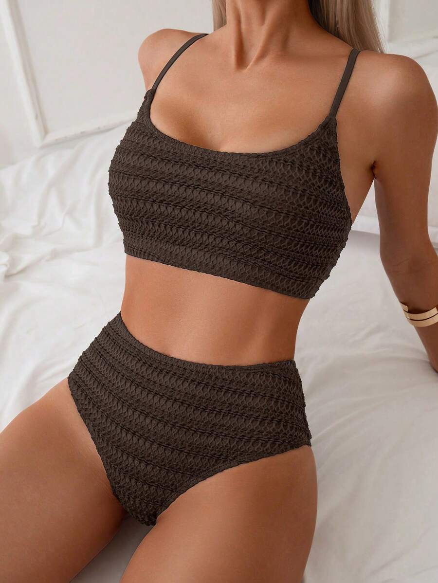 SHEIN Swim Women's Textured Spaghetti Straps Bikini Set, Ideal For Summer Beach Vacation