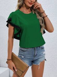 SHEIN Clasi 女士圓領泡泡袖休閒多用途上衣 - 綠色 - 查看 3