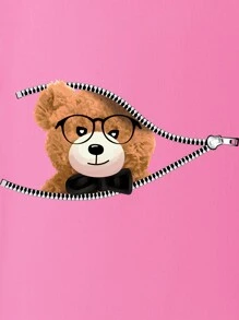 SHEIN EZwear Áo thun tay ngắn in hình gấu cỡ lớn cho nữ - Hồng - Xem 6