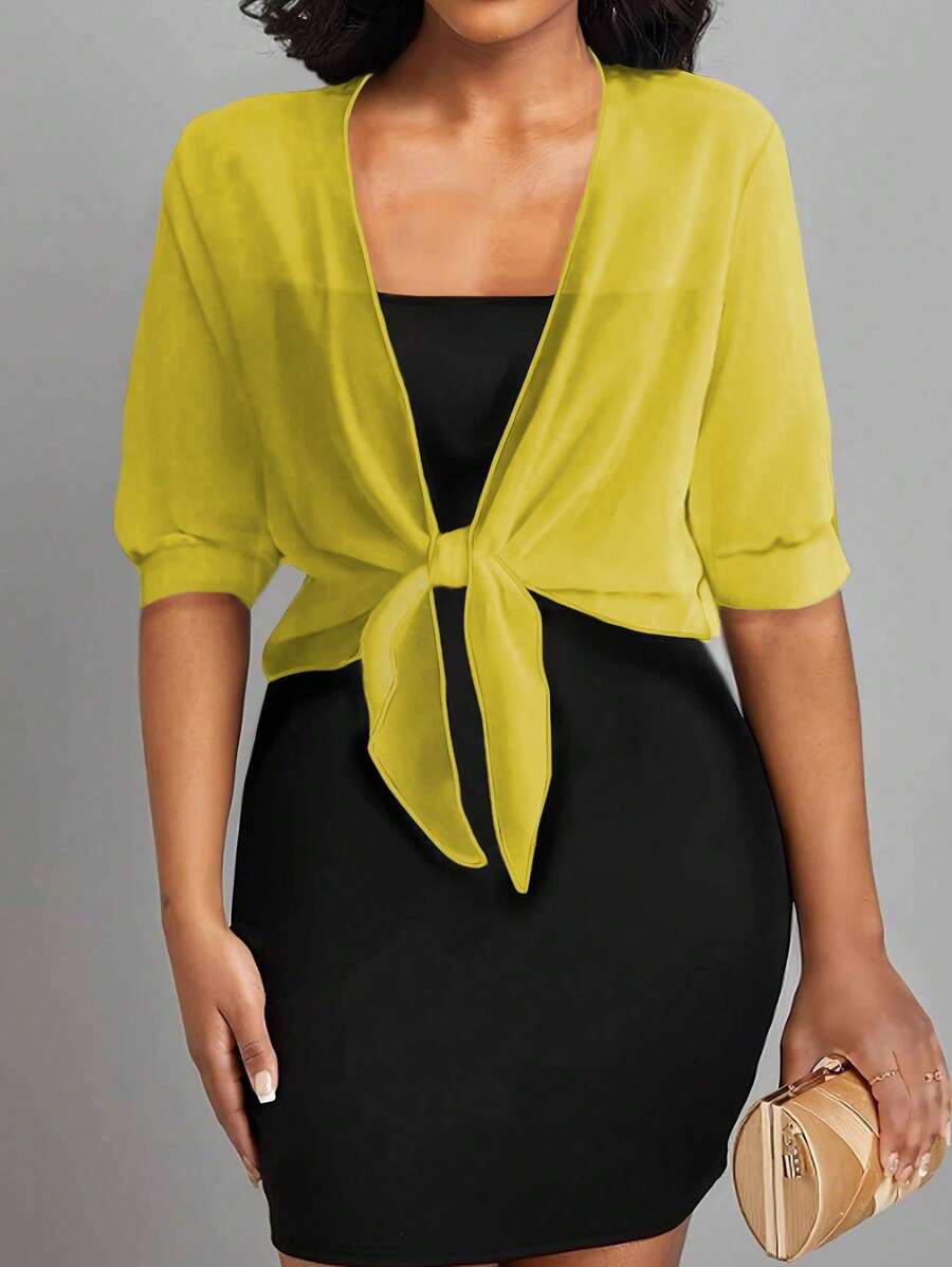 雪纺系带纯色衬衫，夏季度假罩衫，沙滩罩衫，轻薄短款披肩上衣，春季休闲罩衫 - 黃色 - 查看 1