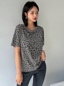 DAZY 豹纹宽松短袖圆领T恤，秋季服装 - 灰色 - 查看 4