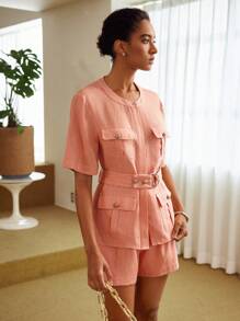 MOTF PREMIUM PURE LINEN SOLID FLAP POCKET BUCKLE BELTED BLOUSE - Dusty Pink - View 6